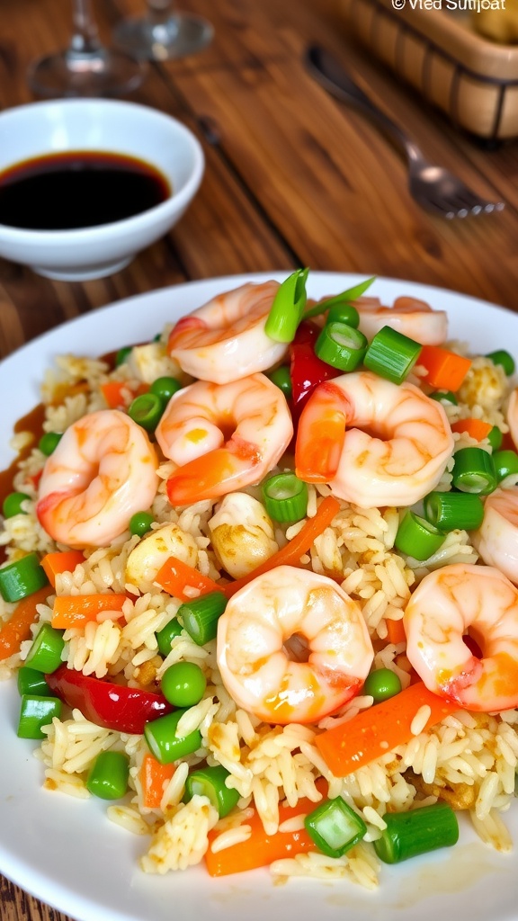Shrimp fried rice with vegetables and green onions on a wooden table.